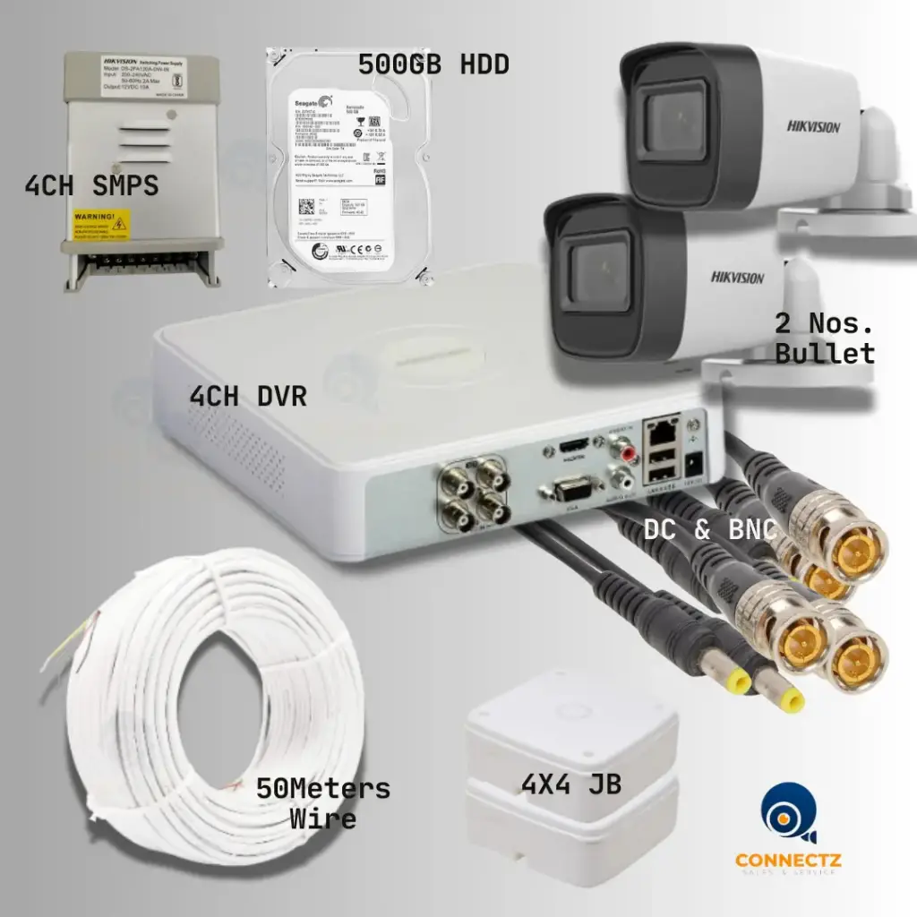 Hikvision 2MP Night Vision Bullet Camera 2Nos. with 4CH DVR, 500GB HDD, 4CH SMPS, 50Mtrs. Wire, DC & BNC Connector