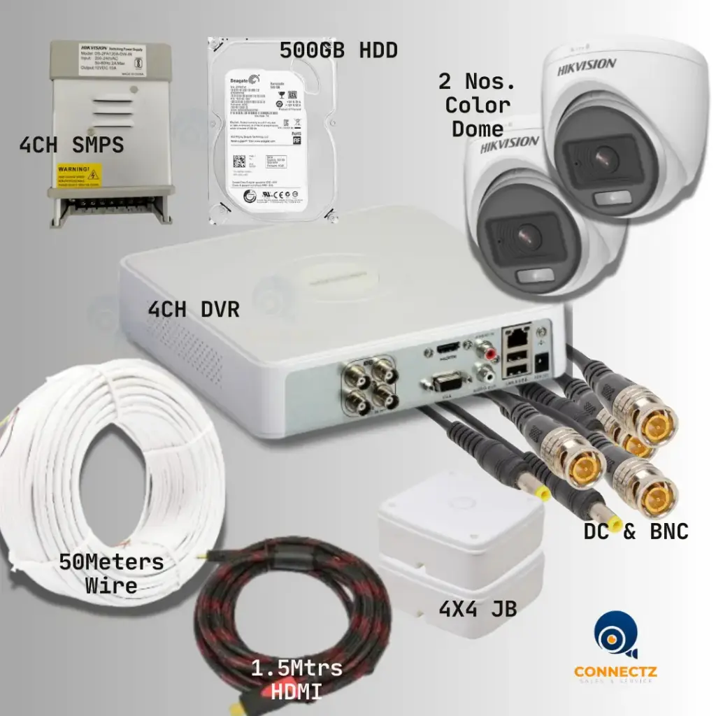 Hikvision 2MP ColorVu Dome Camera 2Nos. with 4CH DVR, 500GB HDD, 4CH SMPS, 50Mtrs. Wire, DC & BNC Connector