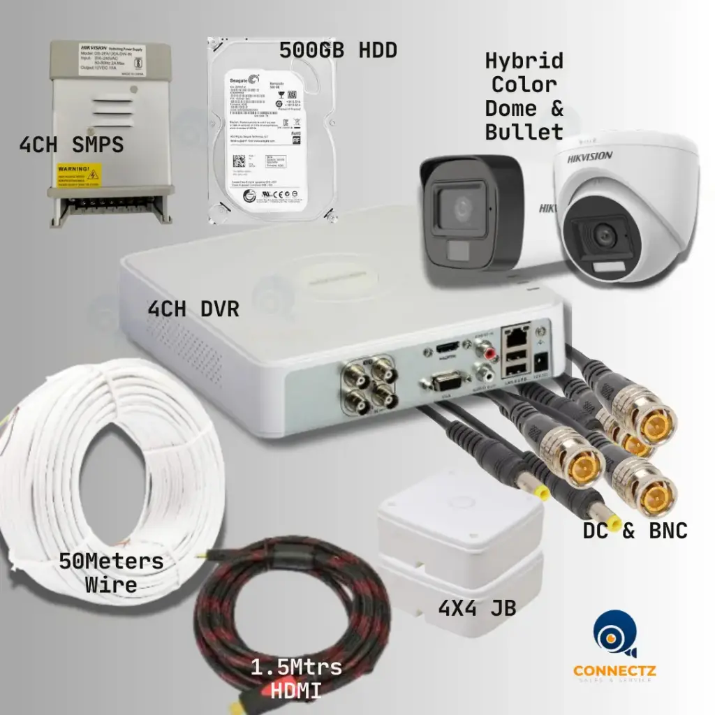 Hikvision 2MP Smart Hybrid Light Dome & Bullet Camera 1Nos. Each with 4CH DVR, 500GB HDD, 4CH SMPS, 50Mtrs. Wire, DC & BNC Connector