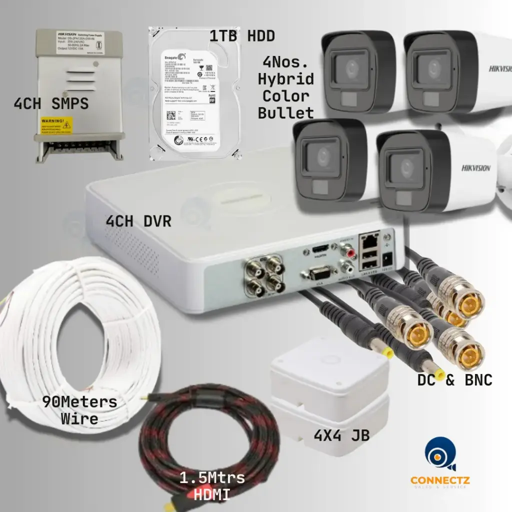 Hikvision 2MP Smart Hybrid Light Bullet Camera 4Nos. with 4CH DVR, 1TB HDD, 4CH SMPS, 90Mtrs. Wire, DC & BNC Connector