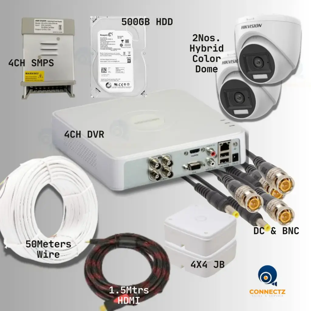 Hikvision 2MP Smart Hybrid Light Dome Camera 2Nos. with 4CH DVR, 500GB HDD, 4CH SMPS, 50Mtrs. Wire, DC & BNC Connector