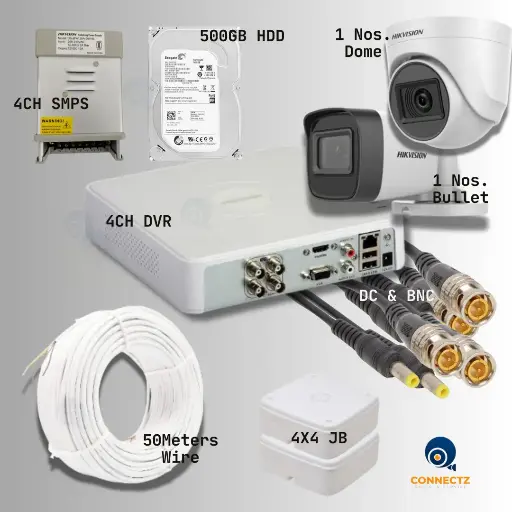 Hikvision 2MP Night Vision Dome & Bullet Camera with 4CH DVR, 500GB HDD, 4CH SMPS, 50Mtrs. Wire, DC & BNC Connector