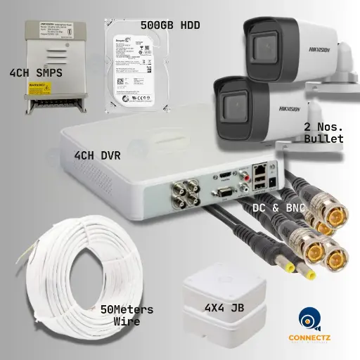 Hikvision 2MP Night Vision Bullet Camera 2Nos. with 4CH DVR, 500GB HDD, 4CH SMPS, 50Mtrs. Wire, DC & BNC Connector