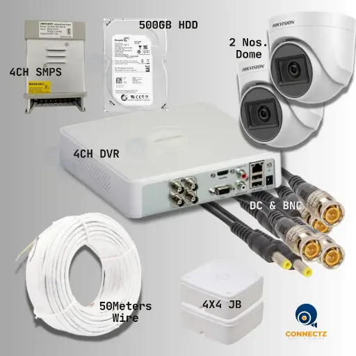 Hikvision 2MP Night Vision Dome Camera 2Nos. with 4CH DVR, 500GB HDD, 4CH SMPS, 50Mtrs. Wire, DC & BNC Connector