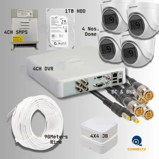 Hikvision 2MP Night Vision Dome Camera 4Nos. with 4CH DVR, 1TB HDD, 4CH SMPS, 90Mtrs. Wire, DC & BNC Connector