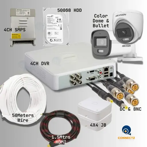 Hikvision 2MP ColorVu Dome & Bullet Camera 1Nos. Each with 4CH DVR, 500GB HDD, 4CH SMPS, 50Mtrs. Wire, DC & BNC Connector