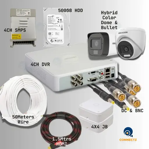 Hikvision 2MP Smart Hybrid Light Dome & Bullet Camera 1Nos. Each with 4CH DVR, 500GB HDD, 4CH SMPS, 50Mtrs. Wire, DC & BNC Connector