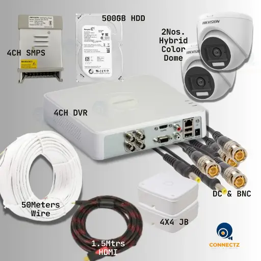 Hikvision 2MP Smart Hybrid Light Dome Camera 2Nos. with 4CH DVR, 500GB HDD, 4CH SMPS, 50Mtrs. Wire, DC & BNC Connector