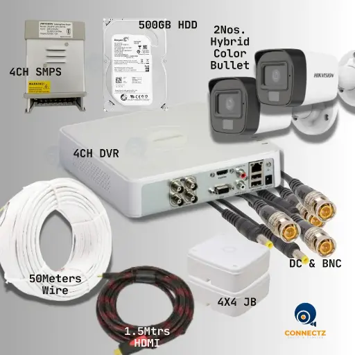 Hikvision 2MP Smart Hybrid Light Bullet Camera 2Nos. with 4CH DVR, 500GB HDD, 4CH SMPS, 50Mtrs. Wire, DC & BNC Connector